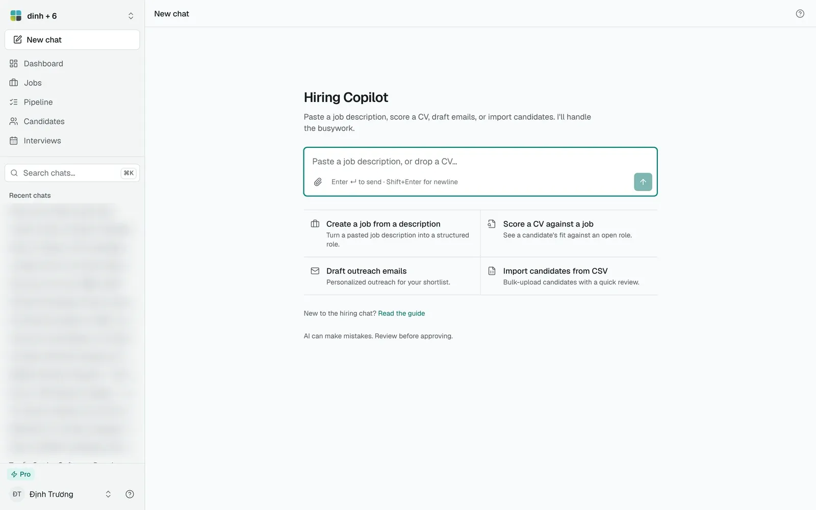 The hiring chat composer with the paperclip attach button at the bottom left