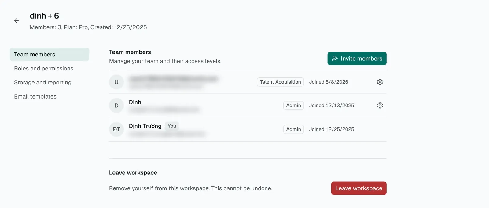 The Team members tab with the Invite members button and a list of members with role badges