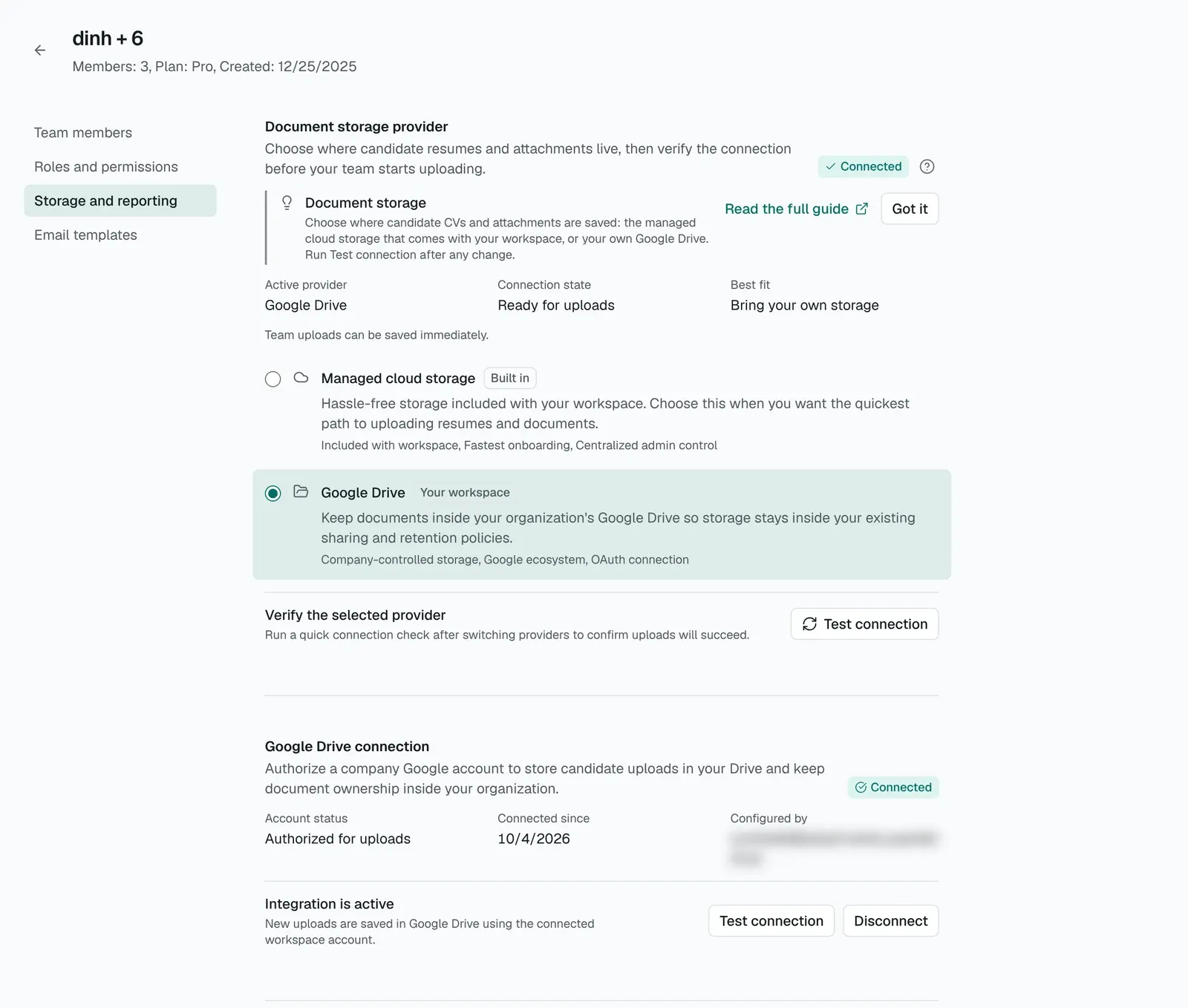 The Storage and reporting tab with the Managed cloud storage and Google Drive options, the Test connection button and the Google Drive connection section