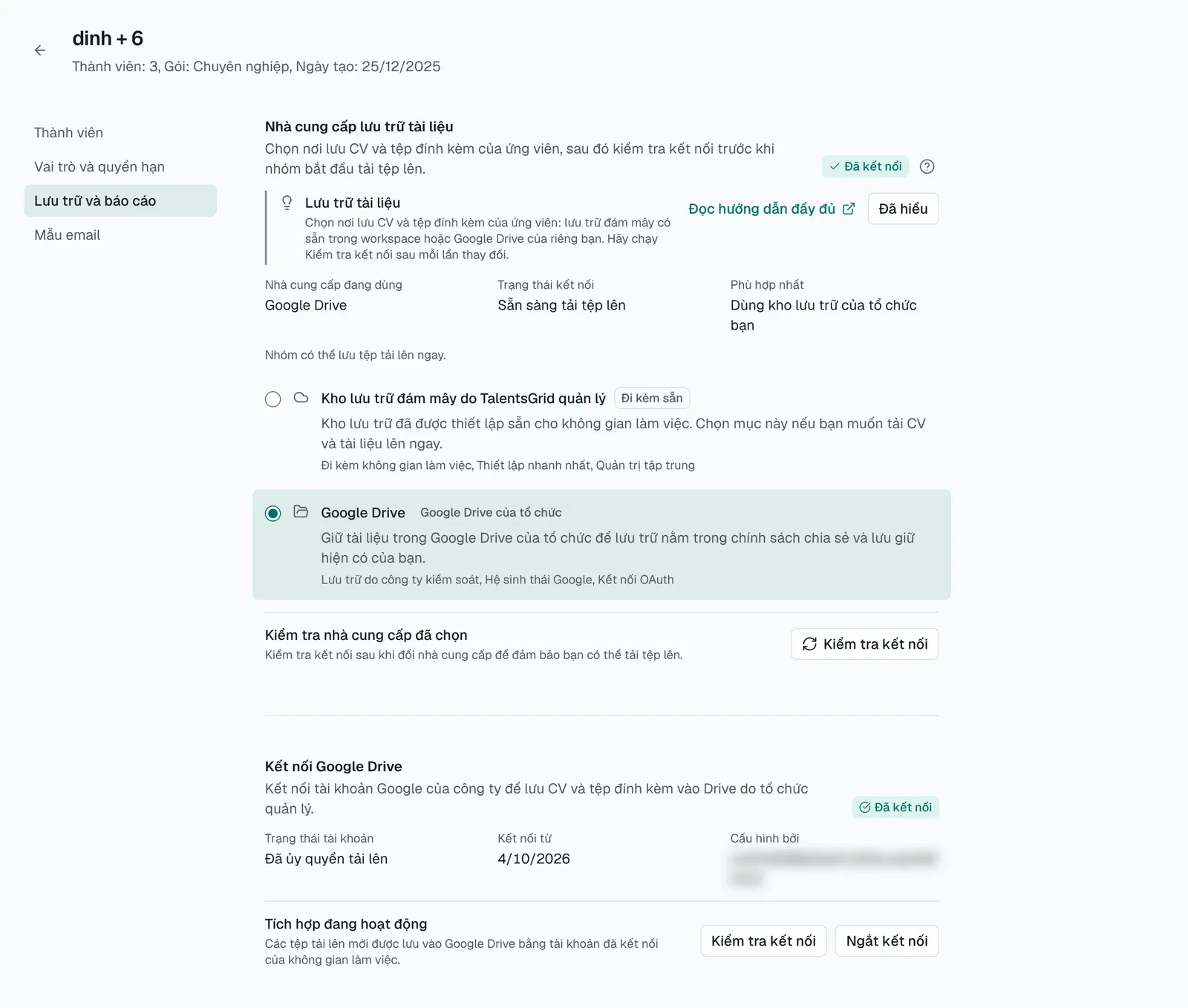Tab Lưu trữ và báo cáo với hai lựa chọn lưu trữ đám mây do TalentsGrid quản lý và Google Drive, nút Kiểm tra kết nối và phần Kết nối Google Drive