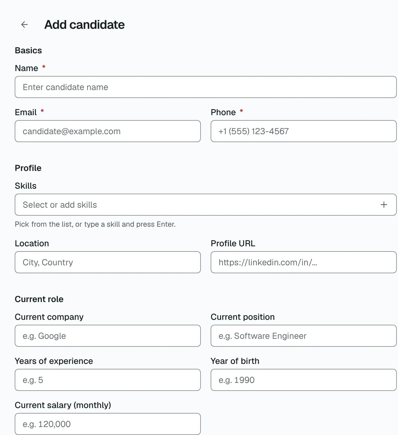 The Add candidate form with Basics, Profile, Current role, Notes and Curriculum vitae sections