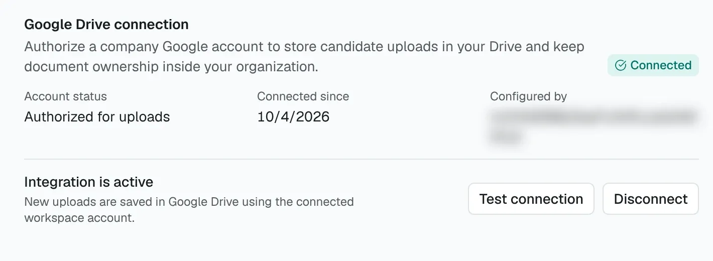 The Google Drive connection section showing Connected, the connection date, and the Test connection and Disconnect buttons