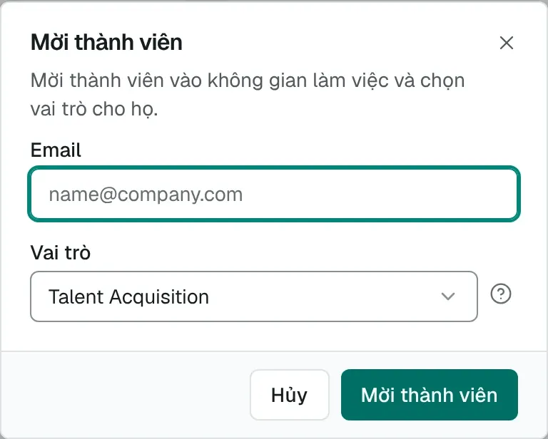 Hộp thoại Mời thành viên với ô Email, danh sách Vai trò và nút Mời thành viên