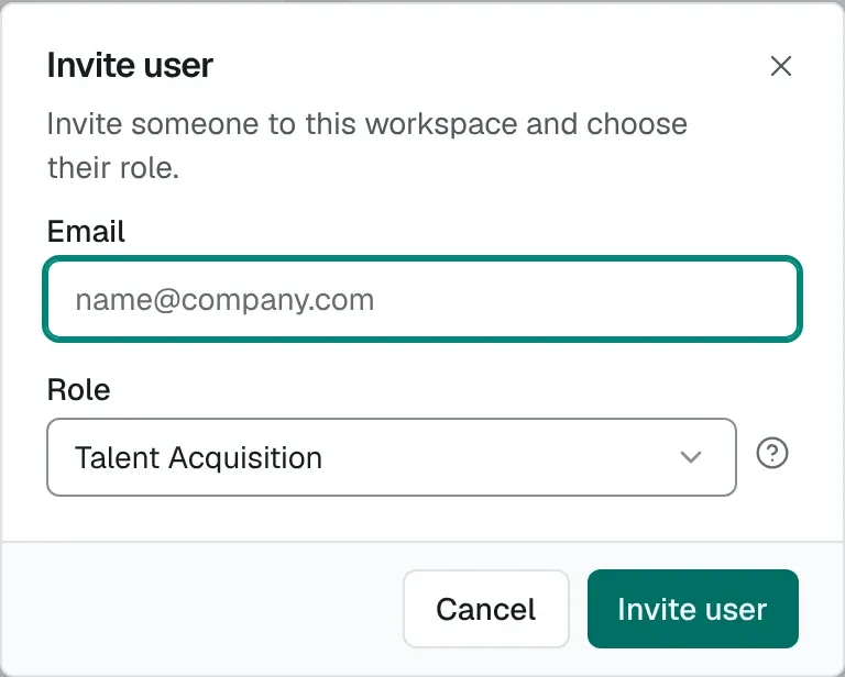 The Invite user dialog with an Email field, a Role list and the Invite user button