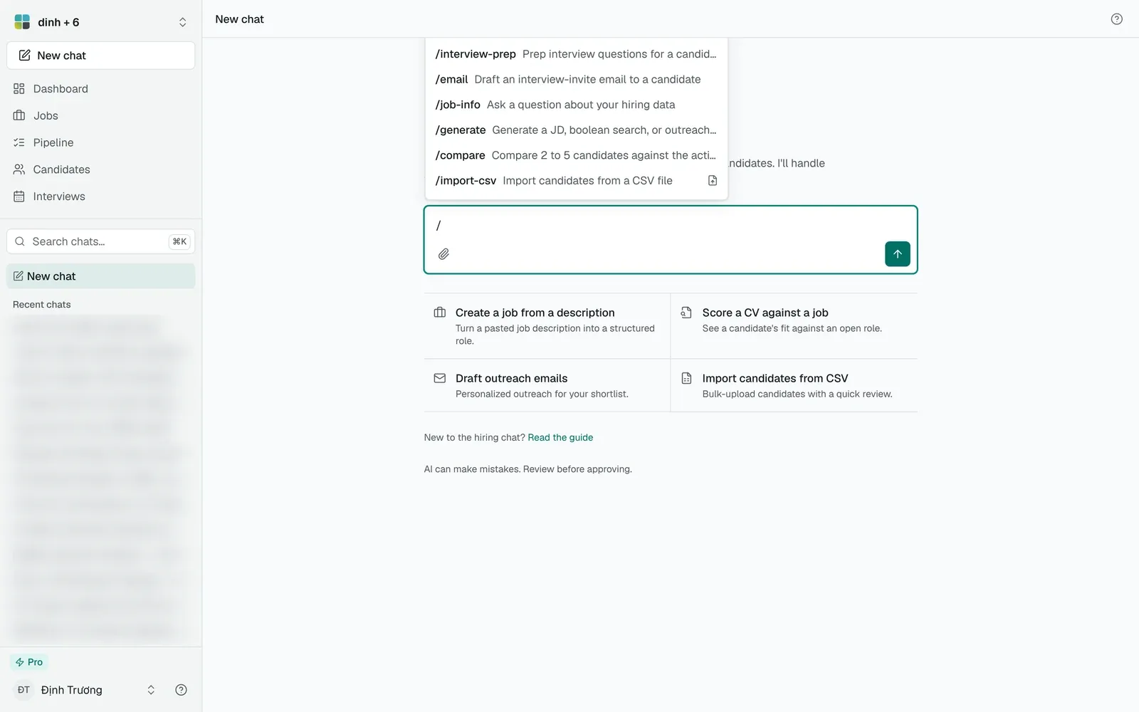 The slash command menu opening above the composer with the commands interview-prep, email, job-info, generate, compare and import-csv