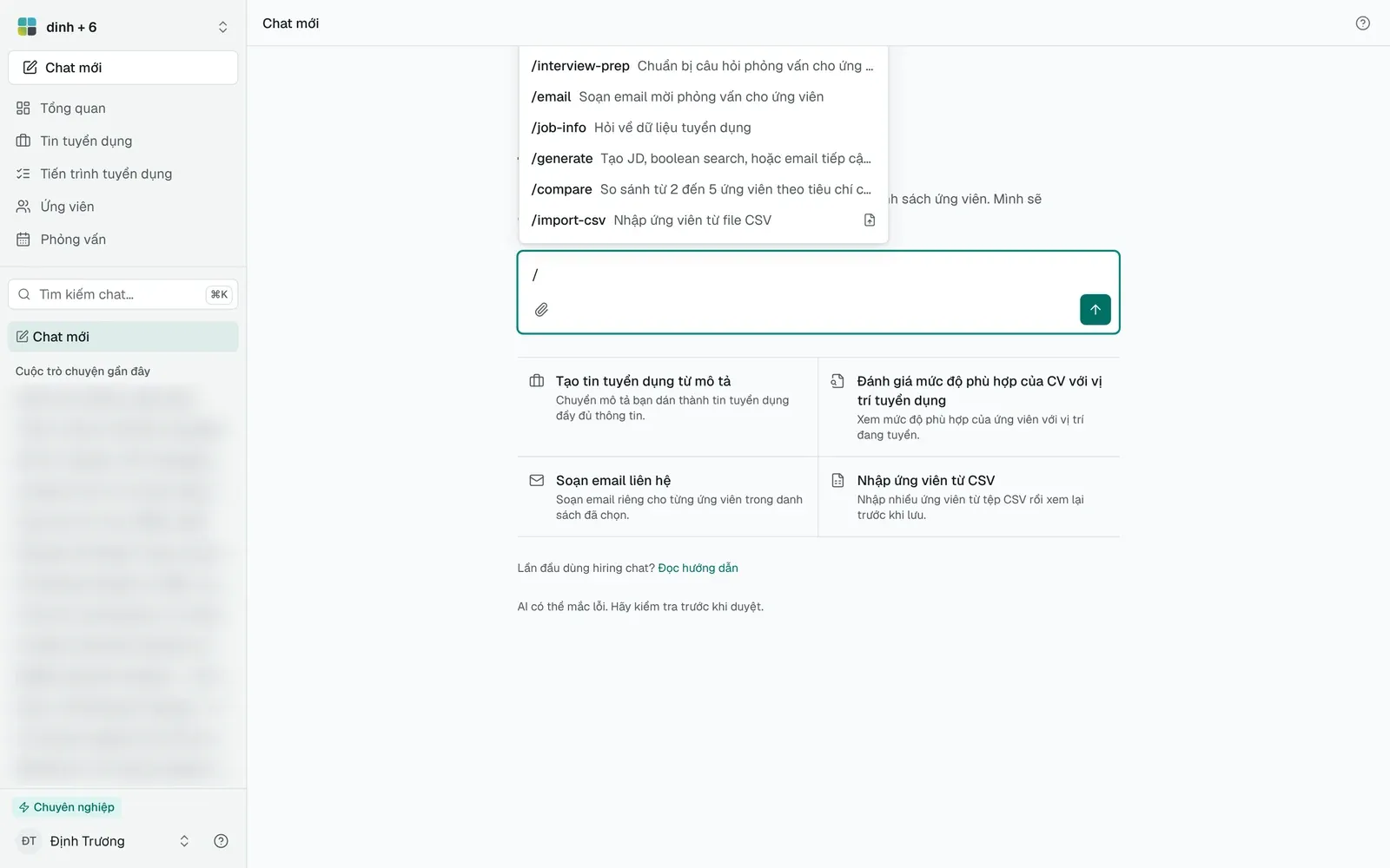 Menu lệnh gạch chéo mở phía trên khung soạn tin với các lệnh interview-prep, email, job-info, generate, compare và import-csv