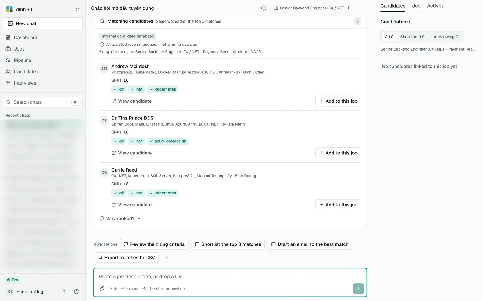 A chat showing a Matching candidates card with three candidates, skill chips, View candidate and Add to this job buttons