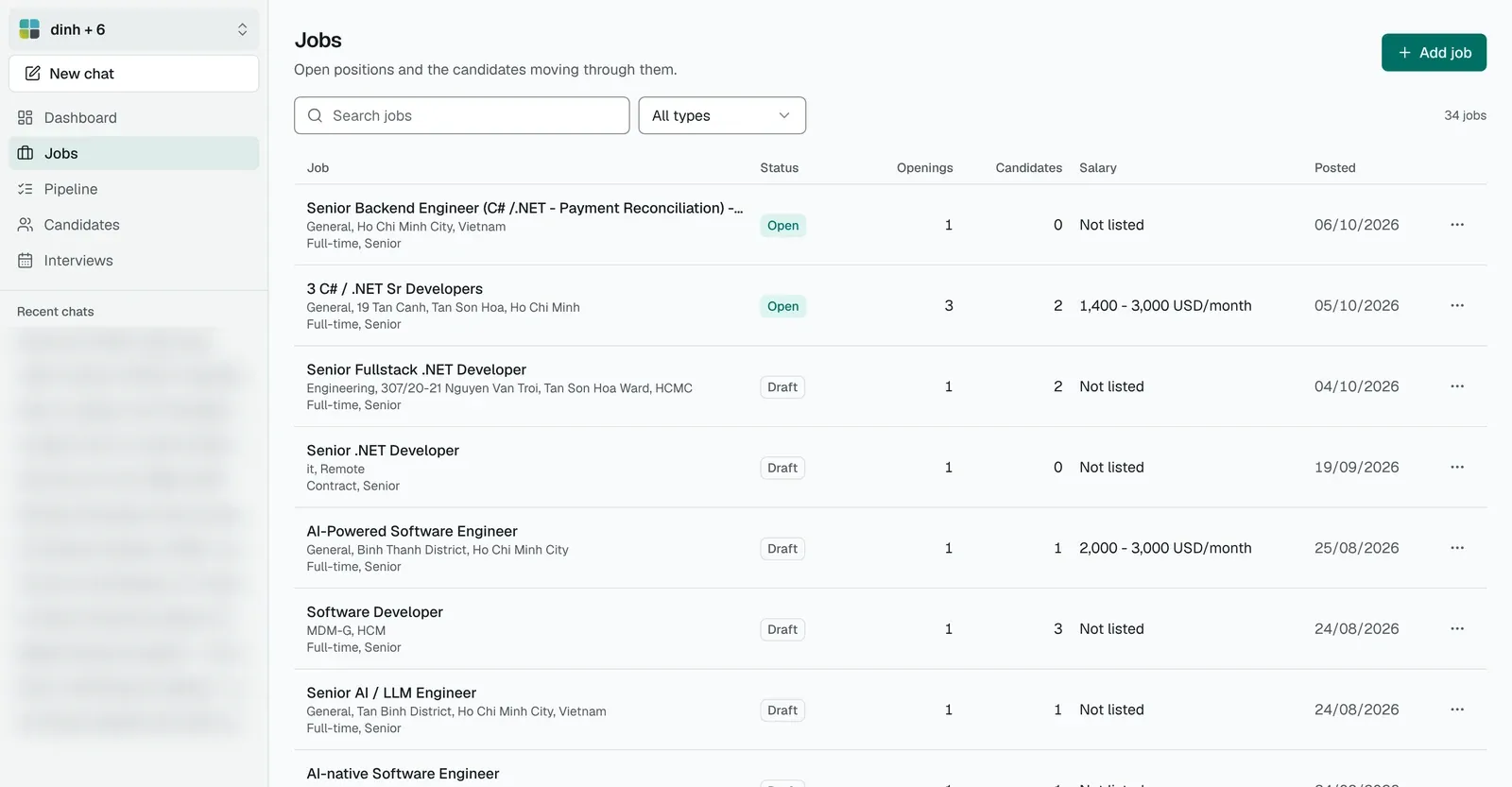 The Jobs page listing job titles with their status, openings and candidate counts