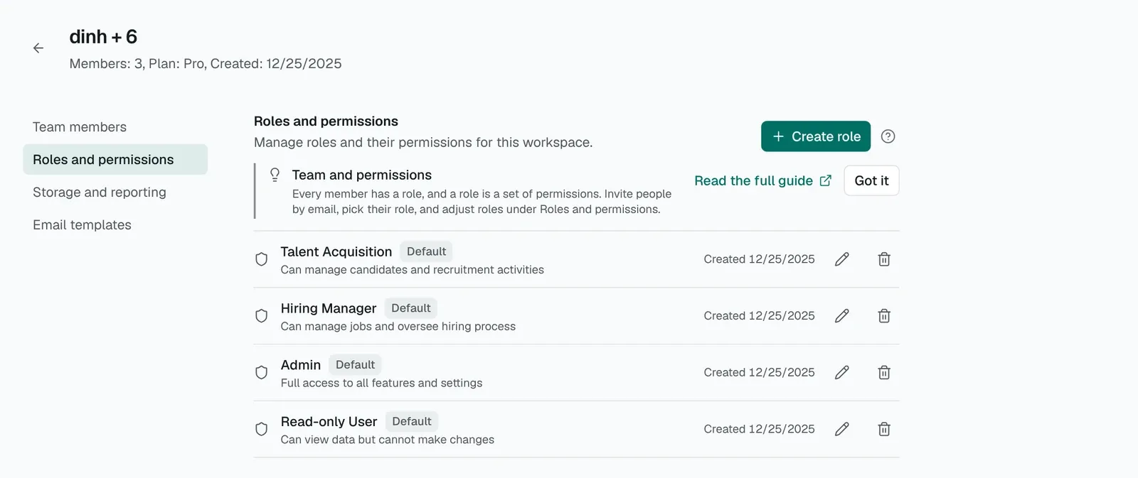The Roles and permissions tab listing Talent Acquisition, Hiring Manager, Admin and Read-only User, each with a Default badge