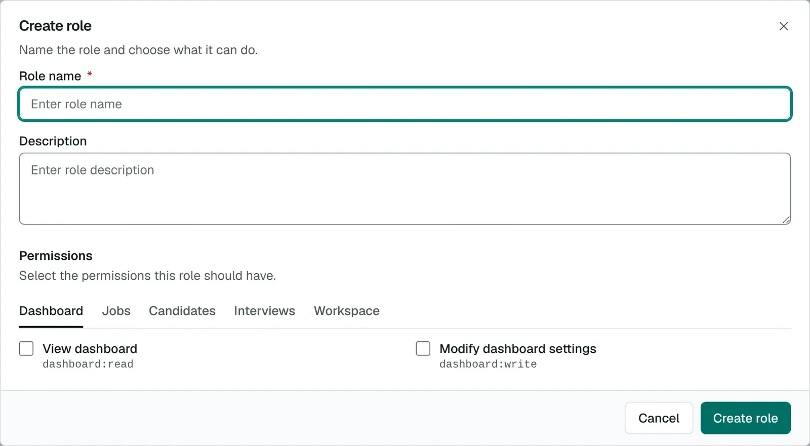 The Create role dialog with Role name and Description fields and a Permissions section