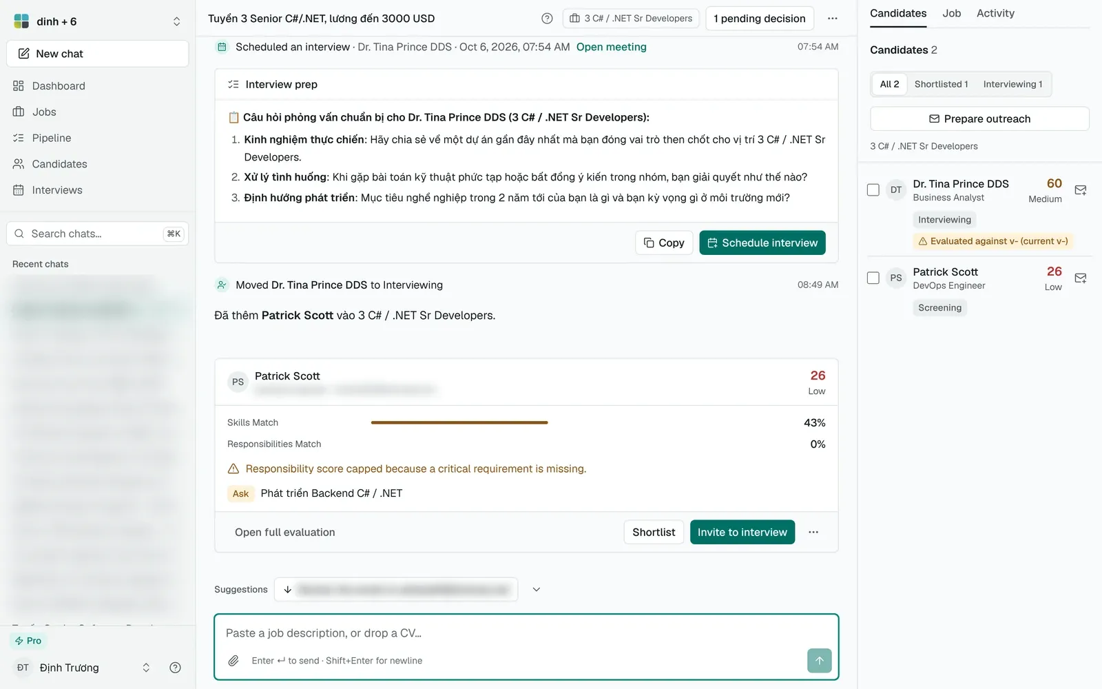 A candidate score card with skills match and responsibilities match, a warning that the responsibility score is capped, and Shortlist and Invite to interview buttons