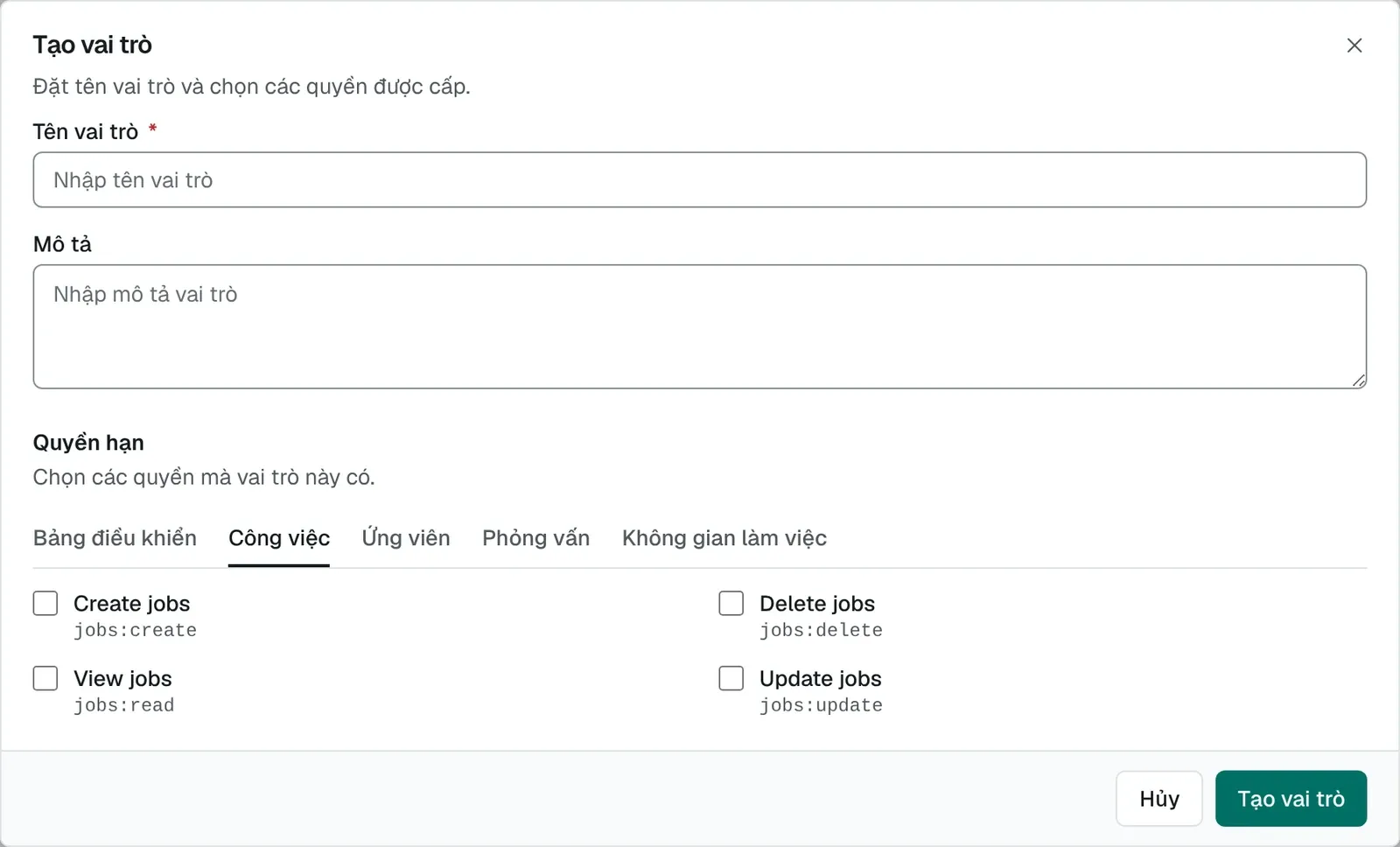 Hộp thoại Tạo vai trò mở ở tab quyền Jobs với các ô chọn tạo, xem, cập nhật và xóa