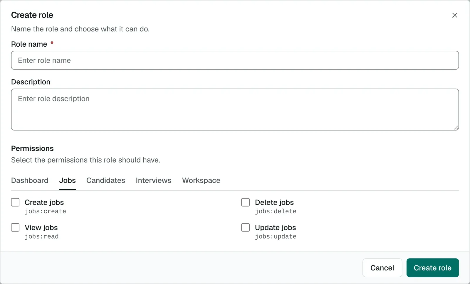 The Create role dialog open on the Jobs permissions tab with create, view, update and delete checkboxes