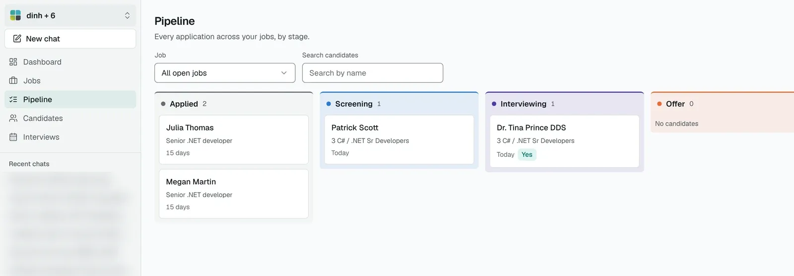 The Pipeline board with candidate cards in the Applied, Screening and Interviewing columns