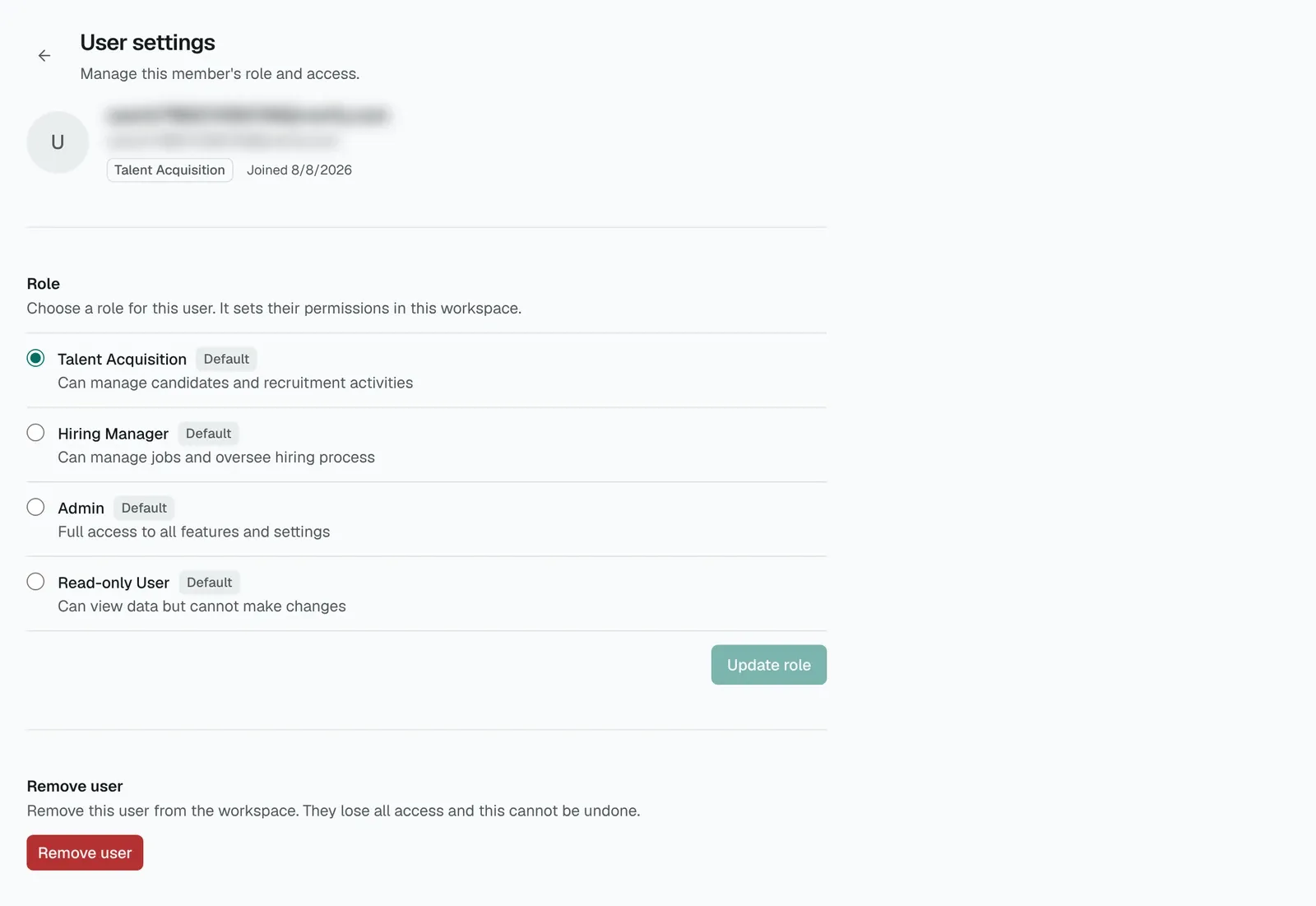 The User settings page with a role list and the Update role button