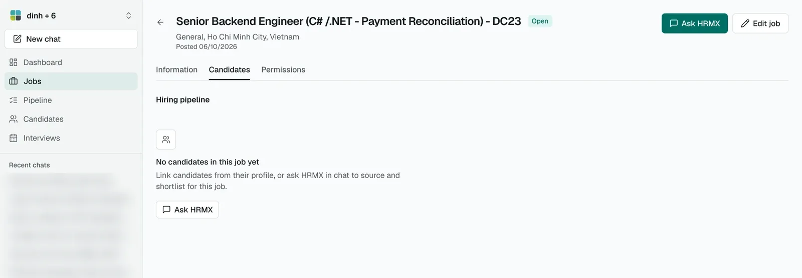 A job page with the Ask HRMX button at the top right